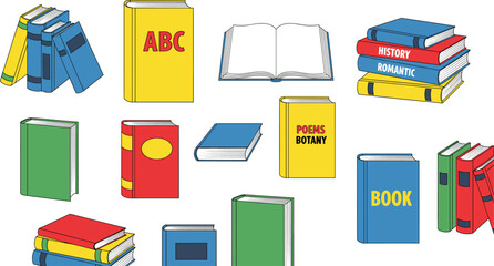 Colorful vector illustration of assorted books including stacks, open pages, textbooks, and reading materials for educational and literary design projects.