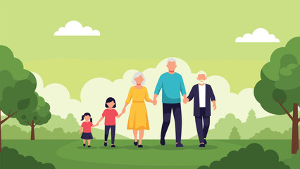 A multi-generational family holding hands and walking together in a park on a sunny day.