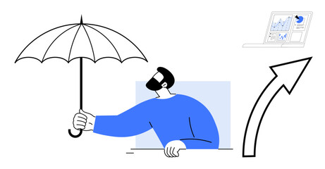 Business protection, risk management, financial security, growth strategies, analytics, data-driven decisions. Man holding umbrella, upward arrow laptop with analytics. Business protection and risk