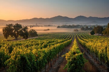 Naklejka premium Vineyard rows stretch into foggy valley at sunrise with mountains backdrop. Use for travel, agriculture, or wine-making industry designs.