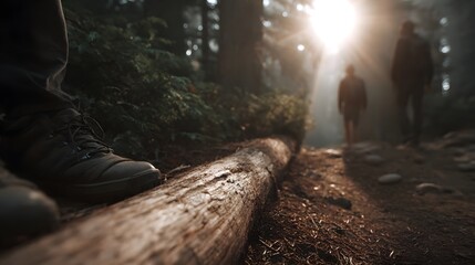 A hiker s perspective on a sunlit forest trail with a fallen log and distant companions