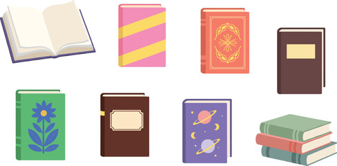 Colorful vector illustration of decorative books with unique covers, including floral, cosmic, vintage, and open book designs for creative projects.