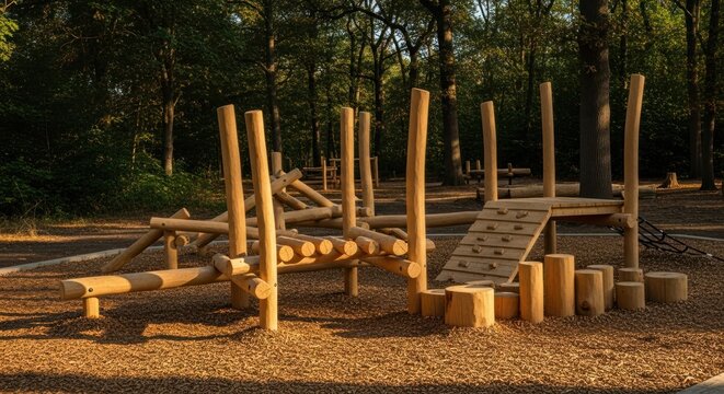 Wooden playground equipment surrounded by trees, creating a natural and fun outdoor space