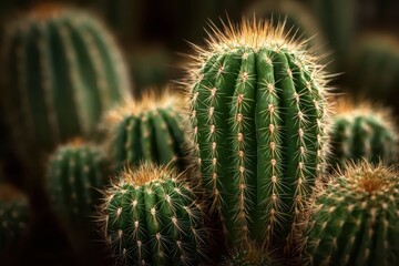 Closeup of several green cactus plants with sharp yellow spines. Perfect for themes about resilience, nature, or desert environments.