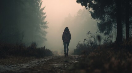 Conceptual image of a solitary figure walking through a mysterious, foggy forest path, evoking deep introspection and a quiet journey, captured with cinematic lighting.