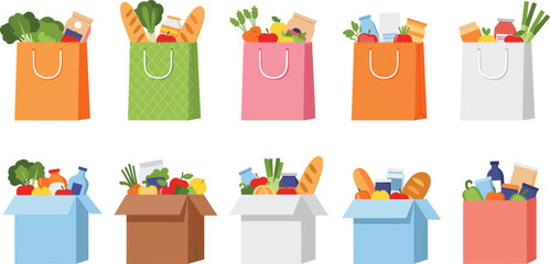 Colorful vector illustration set of grocery bags and boxes filled with fresh food, vegetables, and essentials, perfect for shopping and delivery themes.