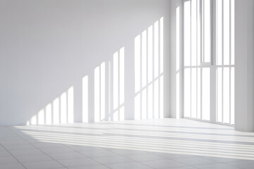 Fototapeta premium Minimalist white interior room with strong natural lighting, large window casting geometric shadows on light tiles, creating a clean, modern aesthetic.
