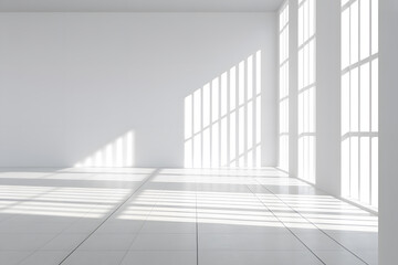 Fototapeta premium Minimalist white interior room with strong natural lighting, large window casting geometric shadows on light tiles, creating a clean, modern aesthetic.