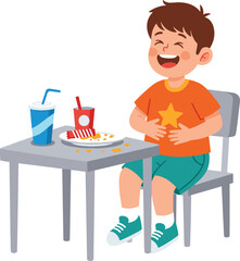 Cute vector illustration of a happy boy eating fast food at a table, enjoying snacks, fries, and a drink.