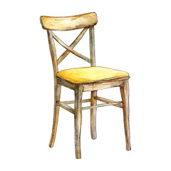 Rustic wooden cross back chair with yellow cushion, vector
