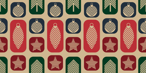 Seamless abstract pattern with blue, green, and red squares featuring silhouettes of Christmas ornaments on light background. Ideal for fabric, wrapping paper, and festive designs