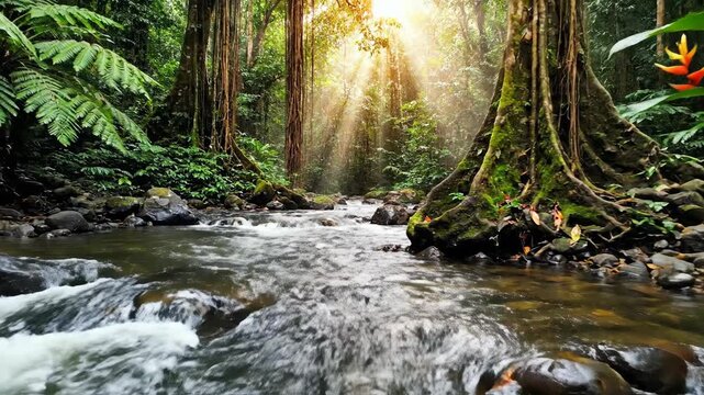 Sunlit stream rushes through a lush, green tropical forest