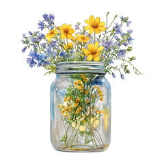 Watercolor Wildflowers in Glass Mason Jar Vector Clipart
