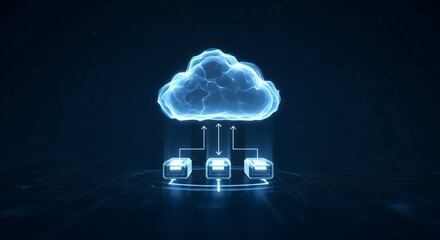 Cloud computing concept illustration with glowing particle cloud and data transfer hubs on a dark blue background.