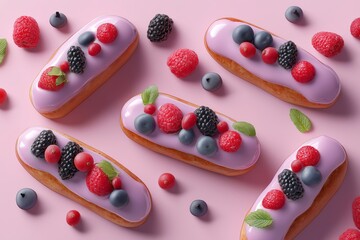 Berry-filled eclairs with glossy icing and vibrant berry garnish, placed on a clean minimal background