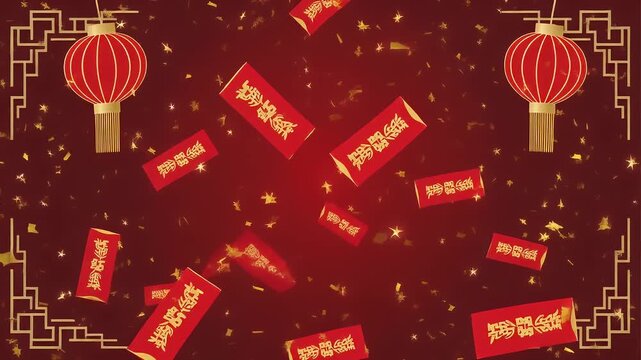 Festive Chinese New Year Celebration with Red Envelopes and Lanterns