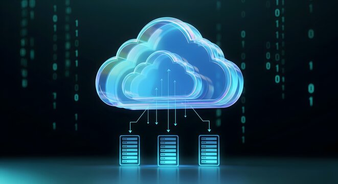 3D rendering of a vibrant blue holographic cloud symbol transferring data to multiple secure server racks over a dark digital background with binary code.