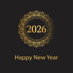 Luxury Happy New Year Flyer: Gold Mandala Motif, Black Background, 2026 Celebration Graphic, Elegant Ornamental Design