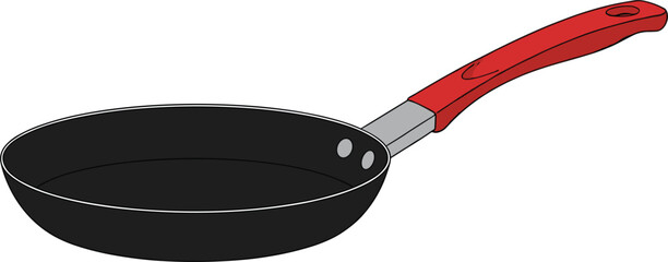 Detailed vector illustration of a black frying pan with red handle, ideal for kitchen, cooking, and culinary design projects.