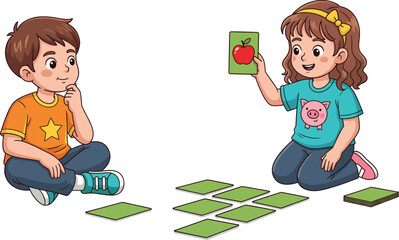 Cute vector illustration of two children learning with flashcards, playing an educational matching game featuring pictures and vocabulary words.