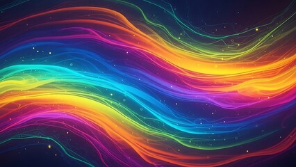 Abstract background with flowing rainbow colored lines and small sparkling particles scattered around it