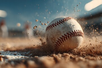A baseball kicks up dirt, focused foreground with blurred background. It shows the sport's action, excitement, and competitive spirit.