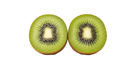 Two halves of a green fruit, round slices on black background