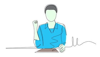 Continuous line art of a student taking an exam and writing on paper and feeling satisfied with his answers. Vector illustration with beautiful colors.