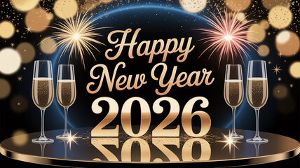 Elegant New Year Celebration Champagne Toast to 2026 Golden Fireworks and Festive Background © Ayaan