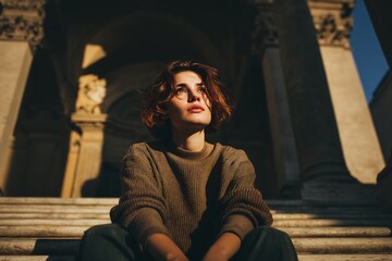 Obraz premium Conceptual portrait of a thoughtful young adult sitting on ancient stone steps, looking upwards with a pensive expression, bathed in cinematic golden hour lighting, depicting feelings and reflection.