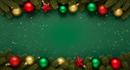 Christmas holiday frame with fir branches, red, green, and gold baubles on a green background with falling snow. Perfect for seasonal greetings