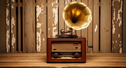 Vintage gramophone and radio on a rustic wooden background