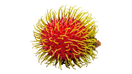 Vibrant tropical fruit with a red, textured rind and spiky, yellow hairs