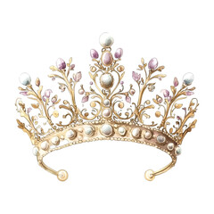 Detailed Vintage Gold Ornate Royal Crown Tiara with Pearls and Pink Gemstones Vector Illustration  © Sajana Jayathissa