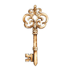 Watercolor Vintage Ornate Gold Skeleton Key Vector Illustration

