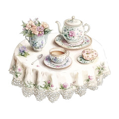 Watercolor Vintage Floral Tea Set on Lace Tablecloth Vector Illustration
