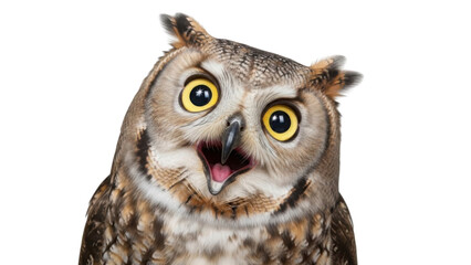 Naklejka premium Happy owl with open beak looking at the camera isolated PNG with Transparent Background