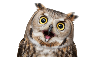 Happy owl with open beak looking at the camera isolated PNG with Transparent Background