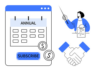 Annual calendar with subscription button, coins, handshake, and person presenting document. Ideal for subscription plans, payment, collaboration, contracts, agreements service renewals simple flat