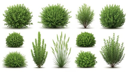 Set of various green garden bushes and plants isolated on white background.
