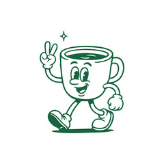 Happy Coffee Cup Character Running with Peace Sign