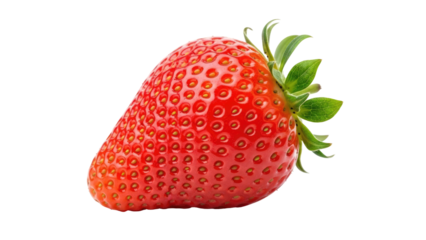 A single, ripe, juicy red berry with green leaves against a transparent backdrop