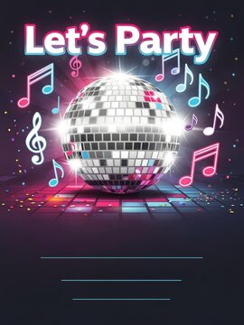 A vibrant party invitation featuring a disco ball, colorful musical notes, and the phrase "Let's Party," perfect for a festive celebration.