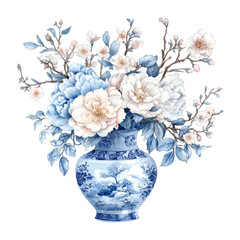 Watercolor Blue and White Chinoiserie Peony Flower Arrangement in Porcelain Vase Vector Illustration  © Sajana Jayathissa