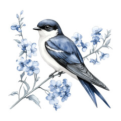 Watercolor Blue and White Tree Swallow Bird on Flowering Branch Vector