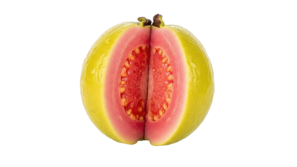Vivid split-view of a tropical fruit revealing pink flesh against a black backdrop