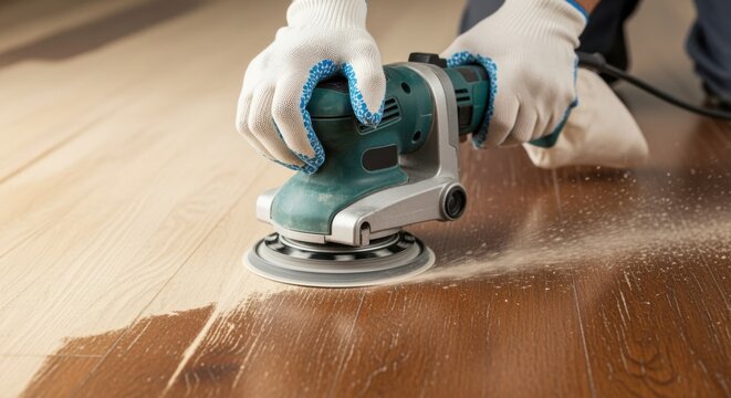 Guided orbital sander removing old varnish from hardwood floor with visible sanding pattern transformation showcasing expert home flooring restoration tools.