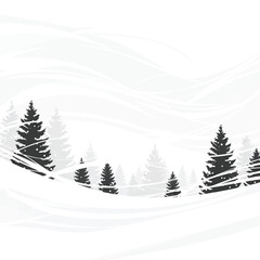 Fototapeta premium Graphic illustration of a serene winter forest with snow drifts and dark fir trees against a light, wavy background.