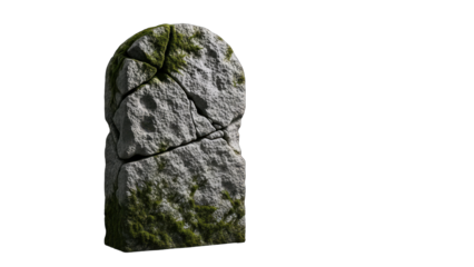 Cracked Stone Headstone with Moss on White