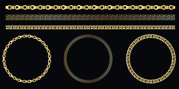 Set of golden isolated silhouette of chains on black background. Seamless pattern of chain.